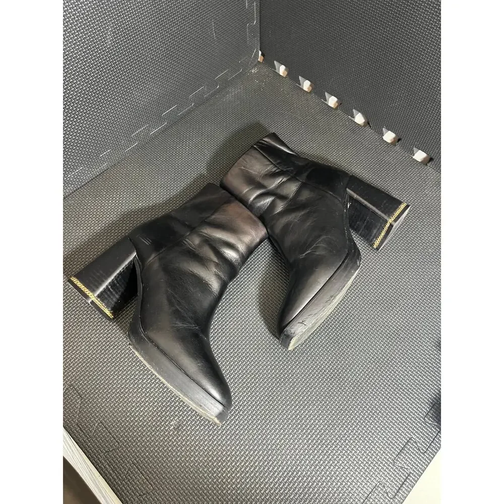 Tory Burch Women Ruby 90 Link Chain‎ Black Leather Chunky Boots size 8.5